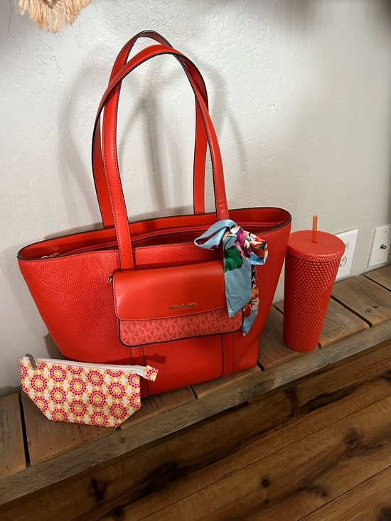 Michael Kors Other - Michael Kors Bright Orange Leather Tote with Logo Front Pocket Bundle